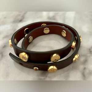 Tory Burch Brown Leather Double-Wrap Bracelet with Gold Studs